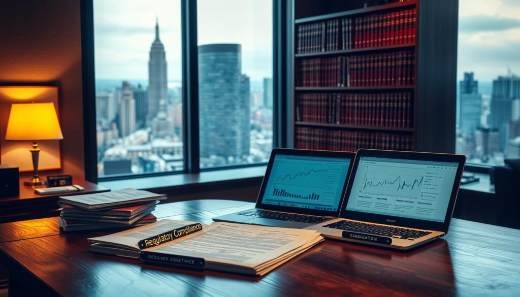 A dimly lit office space, with a large window overlooking a bustling city skyline. In the foreground, a well-worn hardwood desk is adorned with a stack of legal documents, a nameplate that reads "Regulatory Compliance," and a laptop displaying intricate charts and graphs. The middle ground features a bookshelf filled with thick volumes of federal statutes and regulations, casting soft shadows across the room. In the background, the city landscape is visible, suggesting the broader context of the regulatory environment. The lighting is warm and focused, creating a sense of seriousness and professionalism, while the overall atmosphere conveys a sense of diligence and attention to detail required for navigating the complex world of regulatory compliance in the United States. A dimly lit office space, with a large window overlooking a bustling city skyline. In the foreground, a well-worn hardwood desk is adorned with a stack of legal documents, a nameplate that reads "Regulatory Compliance," and a laptop displaying intricate charts and graphs. The middle ground features a bookshelf filled with thick volumes of federal statutes and regulations, casting soft shadows across the room. In the background, the city landscape is visible, suggesting the broader context of the regulatory environment. The lighting is warm and focused, creating a sense of seriousness and professionalism, while the overall atmosphere conveys a sense of diligence and attention to detail required for navigating the complex world of regulatory compliance in the United States.