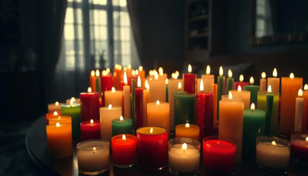 A dimly lit room, a table adorned with a variety of colorful candles of varying sizes. The candles are arranged in a pattern, their flames flickering softly, casting a warm, inviting glow throughout the space. The camera captures the scene from an elevated angle, providing a clear view of the candles and their interplay of light and shadow. The image conveys a sense of mystery and introspection, hinting at the potential to interpret the candles' colors and sizes as a metaphor for understanding the nuances of crypto candlestick charts.