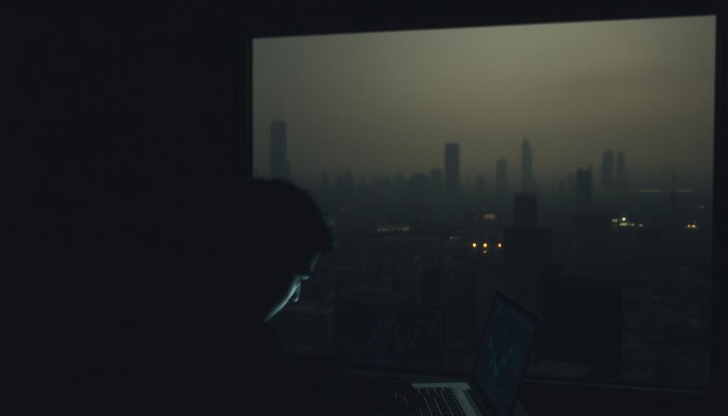 A dimly lit room, the air thick with tension and uncertainty. In the foreground, a shadowy figure hunched over a laptop, their face illuminated by the cold glow of the screen, a visual metaphor for the stark realities of crypto investing. The middle ground reveals a tangle of charts and graphs, depicting the erratic rise and fall of digital assets, a landscape of unfulfilled promises and shattered dreams. In the background, a hazy cityscape serves as a reminder of the broader economic forces at play, a reminder that the crypto market is not an isolated bubble, but rather a reflection of the larger financial landscape. The overall atmosphere is one of despair and disillusionment, a cautionary tale of the risks and vulnerabilities that lurk beneath the surface of the crypto world. A dimly lit room, the air thick with tension and uncertainty. In the foreground, a shadowy figure hunched over a laptop, their face illuminated by the cold glow of the screen, a visual metaphor for the stark realities of crypto investing. The middle ground reveals a tangle of charts and graphs, depicting the erratic rise and fall of digital assets, a landscape of unfulfilled promises and shattered dreams. In the background, a hazy cityscape serves as a reminder of the broader economic forces at play, a reminder that the crypto market is not an isolated bubble, but rather a reflection of the larger financial landscape. The overall atmosphere is one of despair and disillusionment, a cautionary tale of the risks and vulnerabilities that lurk beneath the surface of the crypto world.