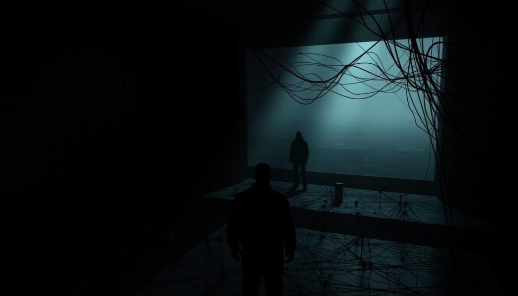 A dimly lit room, the air thick with uncertainty. In the foreground, a maze of interconnected nodes and networks, representing the complexity of a proof-of-stake system. Shadows cast by the tangled web suggest the potential risks and limitations lurking within. The middle ground features a lone figure, their face obscured, symbolizing the uncertainty and lack of transparency inherent in these systems. In the background, a hazy landscape of uncharted territory, hinting at the unpredictable nature of this emerging technology. The overall atmosphere evokes a sense of foreboding, highlighting the need for careful consideration and mitigation of the risks associated with proof-of-stake blockchains.