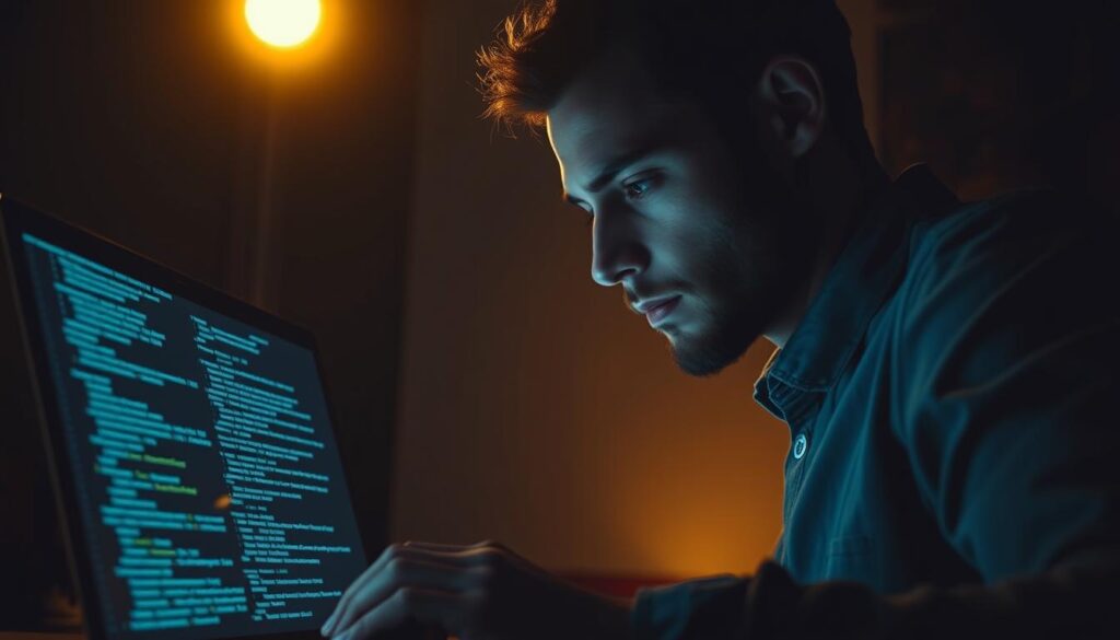 A dimly lit room, the glow of a laptop screen illuminates the face of a focused developer. Intricate lines of smart contract code cascade across the display, as they carefully analyze and evaluate each line, searching for potential vulnerabilities. The atmosphere is tense, the air thick with concentration. In the background, a subtle grid pattern emerges, hinting at the complex blockchain infrastructure that underpins the system being scrutinized. The lighting is warm and moody, casting deep shadows that add depth and drama to the scene. The camera angle is slightly elevated, giving the viewer a sense of observing the process from a vantage point, as if privy to the inner workings of a high-stakes security audit. A dimly lit room, the glow of a laptop screen illuminates the face of a focused developer. Intricate lines of smart contract code cascade across the display, as they carefully analyze and evaluate each line, searching for potential vulnerabilities. The atmosphere is tense, the air thick with concentration. In the background, a subtle grid pattern emerges, hinting at the complex blockchain infrastructure that underpins the system being scrutinized. The lighting is warm and moody, casting deep shadows that add depth and drama to the scene. The camera angle is slightly elevated, giving the viewer a sense of observing the process from a vantage point, as if privy to the inner workings of a high-stakes security audit.