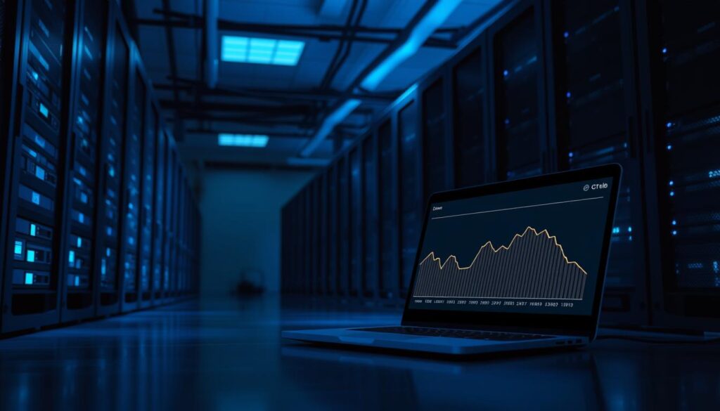 A dimly lit server room, rows of towering server racks cast long shadows. In the foreground, a lone laptop screen displays a graph showing Bitcoin exchange reserve levels over time, the line tracing a gradual decline. Soft blue lighting bathes the scene, creating an atmosphere of contemplation and techno-melancholy. The image conveys the notion of bitcoins being withdrawn from exchanges, their liquidity slowly seeping away into the depths of cold storage wallets, an invisible but impactful shift in the cryptocurrency's market dynamics. A dimly lit server room, rows of towering server racks cast long shadows. In the foreground, a lone laptop screen displays a graph showing Bitcoin exchange reserve levels over time, the line tracing a gradual decline. Soft blue lighting bathes the scene, creating an atmosphere of contemplation and techno-melancholy. The image conveys the notion of bitcoins being withdrawn from exchanges, their liquidity slowly seeping away into the depths of cold storage wallets, an invisible but impactful shift in the cryptocurrency's market dynamics.