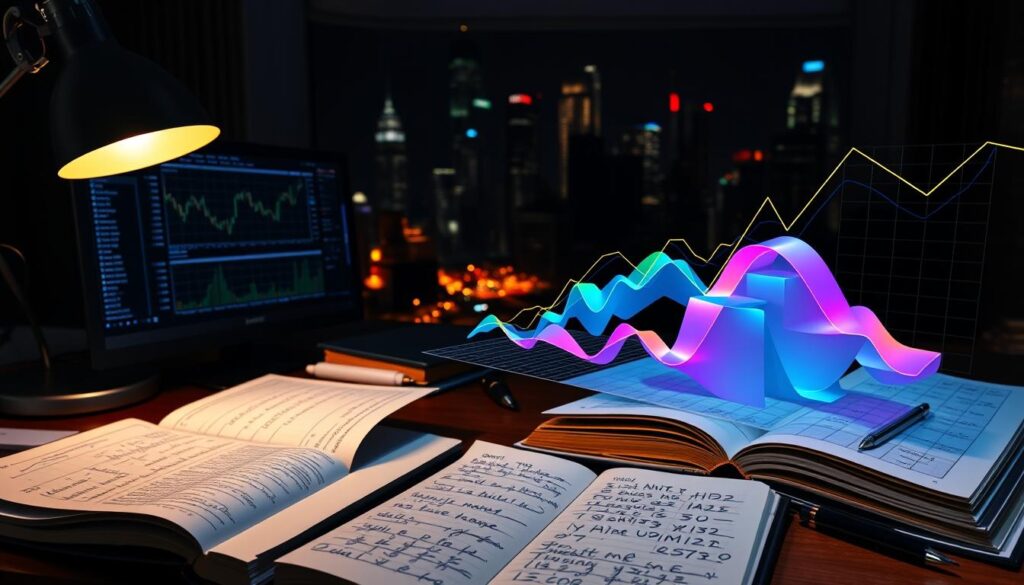 A dimly lit study, a desk illuminated by a single desk lamp, various financial charts and graphs displayed on a computer screen. In the foreground, several open books and a notebook filled with handwritten notes, representing the process of analyzing and comparing different price forecasting models. The middle ground features a 3D visualization of multiple forecasting algorithms, each with its own distinct color and trajectory, highlighting the nuances and variations between the models. The background showcases a cityscape at night, with skyscrapers and neon lights, creating an atmosphere of financial intensity and innovation. The lighting is warm and moody, casting a reflective, contemplative mood over the scene. A dimly lit study, a desk illuminated by a single desk lamp, various financial charts and graphs displayed on a computer screen. In the foreground, several open books and a notebook filled with handwritten notes, representing the process of analyzing and comparing different price forecasting models. The middle ground features a 3D visualization of multiple forecasting algorithms, each with its own distinct color and trajectory, highlighting the nuances and variations between the models. The background showcases a cityscape at night, with skyscrapers and neon lights, creating an atmosphere of financial intensity and innovation. The lighting is warm and moody, casting a reflective, contemplative mood over the scene.