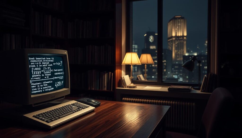 A dimly lit study, with a mahogany desk in the foreground. On the desk, a vintage desktop computer, its screen displaying complex mathematical equations and cryptographic symbols. In the middle ground, a bookshelf filled with tomes on computer science and cryptography, their spines illuminated by the soft glow of a desk lamp. In the background, a large window overlooking a cityscape, the lights of the buildings reflecting off the glass, creating a moody, atmospheric scene. The overall mood is one of intellectual focus and depth, capturing the essence of computer science and cryptography fundamentals. A dimly lit study, with a mahogany desk in the foreground. On the desk, a vintage desktop computer, its screen displaying complex mathematical equations and cryptographic symbols. In the middle ground, a bookshelf filled with tomes on computer science and cryptography, their spines illuminated by the soft glow of a desk lamp. In the background, a large window overlooking a cityscape, the lights of the buildings reflecting off the glass, creating a moody, atmospheric scene. The overall mood is one of intellectual focus and depth, capturing the essence of computer science and cryptography fundamentals.