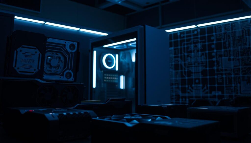 A dimly lit tech lab showcasing a lineup of mid-range budget GPUs. In the foreground, an array of graphics cards in various shades of black and silver, each with distinct cooling solutions and ports. The middle ground features a sleek, minimalist PC tower, its exterior reflecting the soft glow of LED lighting. In the background, a subtle grid of circuit diagrams and technical schematics adds a sense of technical depth. The overall atmosphere is one of understated sophistication, hinting at the powerful yet affordable performance of these mid-range GPU options.