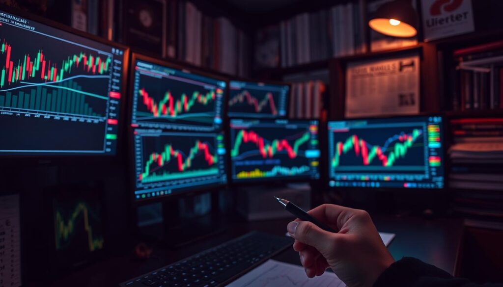 A dimly lit trading desk, illuminated by the glow of multiple screens displaying candlestick charts and technical indicators. In the foreground, a hand holds a pen, meticulously annotating the charts, while the background features a wall of trading books and financial publications. The atmosphere is one of focused concentration, with a hint of determination as the analyst searches for patterns and formulates strategies for effective technical analysis practice.