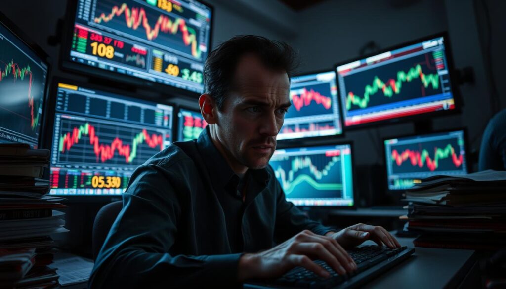 A dimly lit trading desk, the glow of multiple screens casting shadows across the face of a troubled trader. On the screens, charts and indicators flashing, the Relative Strength Index (RSI) wavering precariously, warning signs of potential pitfalls. The trader's brow is furrowed, fingers hovering over the keyboard, hesitant, caught in the throes of indecision. The room is sparse, save for the stacks of financial journals and crumpled trading logs, a testament to the hard-won lessons of risk management. The atmosphere is tense, the air heavy with the weight of missed opportunities and the specter of impending losses. A dimly lit trading desk, the glow of multiple screens casting shadows across the face of a troubled trader. On the screens, charts and indicators flashing, the Relative Strength Index (RSI) wavering precariously, warning signs of potential pitfalls. The trader's brow is furrowed, fingers hovering over the keyboard, hesitant, caught in the throes of indecision. The room is sparse, save for the stacks of financial journals and crumpled trading logs, a testament to the hard-won lessons of risk management. The atmosphere is tense, the air heavy with the weight of missed opportunities and the specter of impending losses.