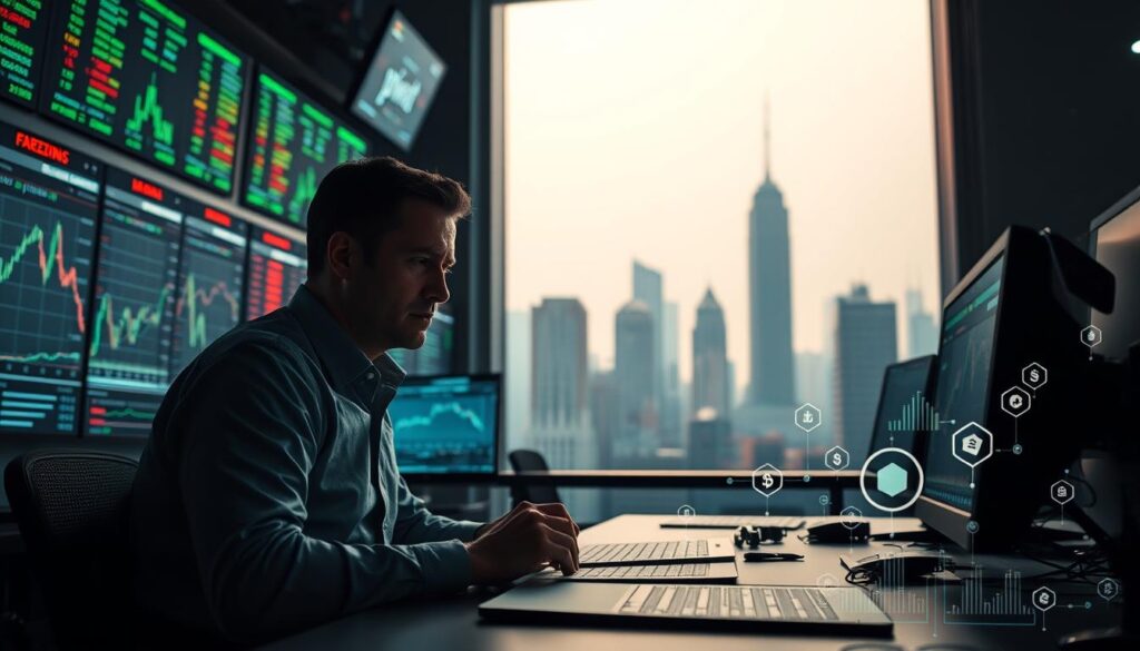 A dimly lit trading floor, illuminated by the glow of multiple screens displaying real-time crypto market data. In the foreground, a seasoned trader sits calmly, analyzing charts and order books, their expression focused and determined. The middle ground features an array of digital assets represented by abstract symbols, pulsing with activity. In the background, a hazy cityscape with towering skyscrapers, hinting at the global scale of the crypto market. The scene conveys a sense of calculated decision-making, with the trader poised to leverage their market-making expertise to navigate the dynamic and fast-paced crypto landscape.