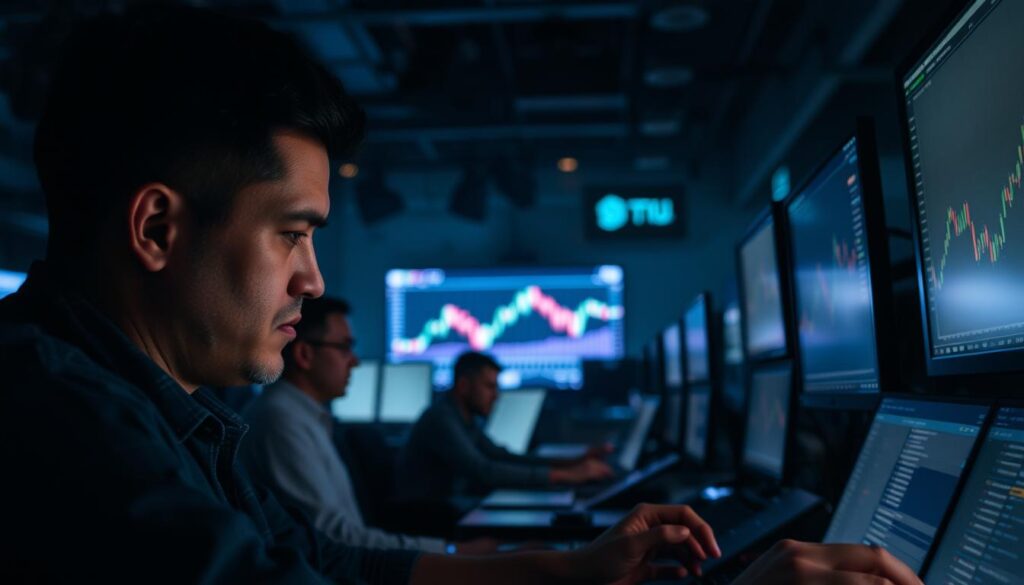 A dimly lit trading floor, illuminated by the soft glow of multiple monitors. In the foreground, a trader meticulously studies candlestick charts, their brow furrowed in concentration. Behind them, other traders analyze market data, their fingers dancing across keyboards. In the middle ground, a large screen displays a price graph, the lines undulating with the ebb and flow of the market. The background is a hazy mix of shadows and silhouettes, suggesting the hustle and bustle of the trading environment. The overall mood is one of contemplation and strategic decision-making, as the traders navigate the accumulation phase of the cryptocurrency market.