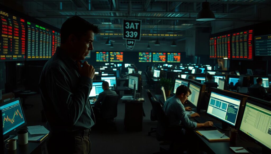 A dimly lit trading floor, with traders hunched over their screens, illuminated by the glow of the data streams. In the foreground, a figure stands, hand on chin, contemplating a complex chart, surrounded by scattered papers and coffee mugs. In the middle ground, others furiously type, gesturing animatedly, while the background is a maze of desks, terminals, and the occasional potted plant. The atmosphere is tense, with a sense of urgency and potential missteps looming. Soft shadows cast by the overhead lighting, creating a dramatic, almost film noir-esque scene, highlighting the high-stakes, high-risk nature of leverage trading. A dimly lit trading floor, with traders hunched over their screens, illuminated by the glow of the data streams. In the foreground, a figure stands, hand on chin, contemplating a complex chart, surrounded by scattered papers and coffee mugs. In the middle ground, others furiously type, gesturing animatedly, while the background is a maze of desks, terminals, and the occasional potted plant. The atmosphere is tense, with a sense of urgency and potential missteps looming. Soft shadows cast by the overhead lighting, creating a dramatic, almost film noir-esque scene, highlighting the high-stakes, high-risk nature of leverage trading.