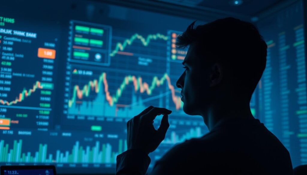 A dimly lit trading room with a large, holographic display showcasing a range of cryptocurrency price charts and technical indicators. In the foreground, a data analyst in a thoughtful pose, their eyes focused on the screen as they interpret the patterns and trends. The background is hazy, with a sense of anticipation and concentration in the air. Soft blue and green hues cast an ambient glow, creating a sense of futuristic technology and financial analysis. The image conveys the idea of predicting future price movements and trends in the cryptocurrency market through careful technical analysis. A dimly lit trading room with a large, holographic display showcasing a range of cryptocurrency price charts and technical indicators. In the foreground, a data analyst in a thoughtful pose, their eyes focused on the screen as they interpret the patterns and trends. The background is hazy, with a sense of anticipation and concentration in the air. Soft blue and green hues cast an ambient glow, creating a sense of futuristic technology and financial analysis. The image conveys the idea of predicting future price movements and trends in the cryptocurrency market through careful technical analysis.