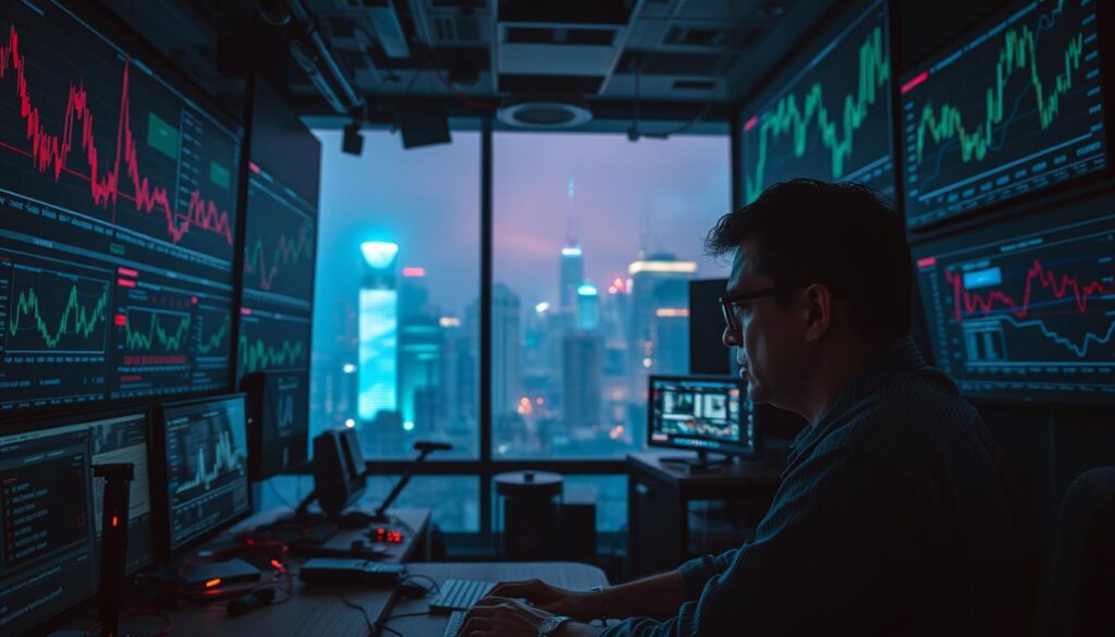 A dimly lit trading room, with a vast array of digital charts and graphs projected onto the walls. In the foreground, a seasoned altcoin investor sits contemplatively, brow furrowed as they study the market data. The middle ground is filled with a tangle of cables, screens, and hardware, creating a sense of technological complexity. In the background, the cityscape outside the window is shrouded in a hazy, neon-tinged atmosphere, symbolizing the unpredictable and ever-changing nature of the crypto markets. The lighting is moody and atmospheric, casting dramatic shadows and highlighting the intense focus of the investor. The overall scene conveys the high-stakes, high-intensity world of altcoin trading, where insights and strategic thinking are paramount.