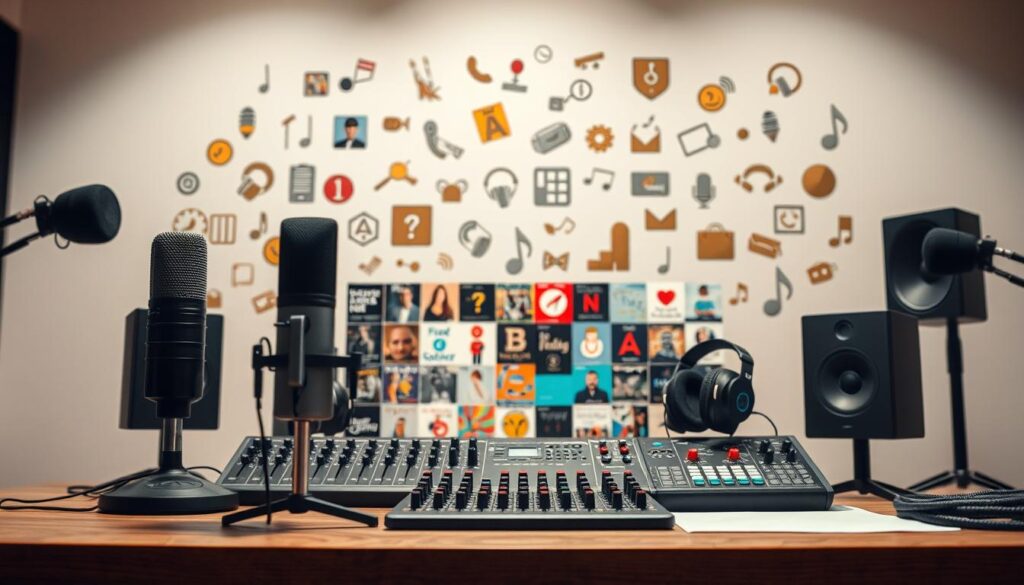 A diverse array of podcast formats presented in a dynamic visual composition. In the foreground, high-quality audio equipment such as condenser microphones, studio headphones, and audio mixers sit atop a wooden desk. Behind them, an assortment of podcast-themed icons and illustrations float in a gently lit, minimalist space - representing the varied content, styles, and production techniques of modern podcasting. The middle ground features a grid of thumbnail-sized podcast cover art, showcasing the breadth and diversity of the medium. Subtle lighting and depth-of-field create a sense of depth and professional studio ambiance, inviting the viewer to explore the rich world of podcast production and content.