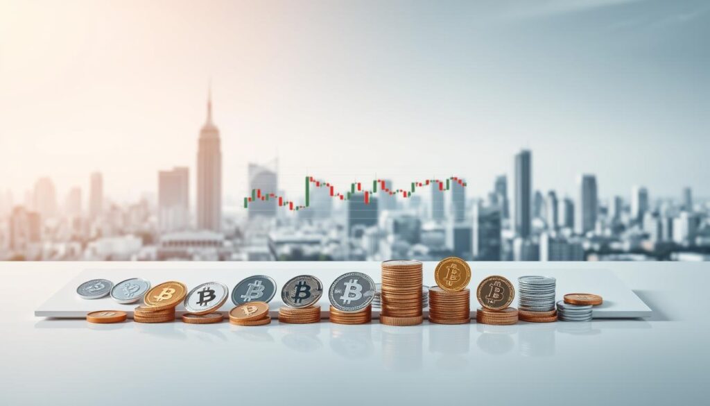 A diversified cryptocurrency portfolio presented in a sleek, modern style. The foreground features a clean display showcasing various digital currency icons and symbols, neatly arranged to convey a sense of balance and strategic investment. The middle ground shows a series of candlestick charts and financial data visualizations, providing insights into the performance and trends of the portfolio. The background is a minimalist cityscape, hinting at the global reach and interconnectedness of the crypto market. Soft, directional lighting emphasizes the clean, professional aesthetics, while a subtle depth of field creates a sense of depth and focus. The overall composition conveys a well-managed, diversified cryptocurrency investment strategy.