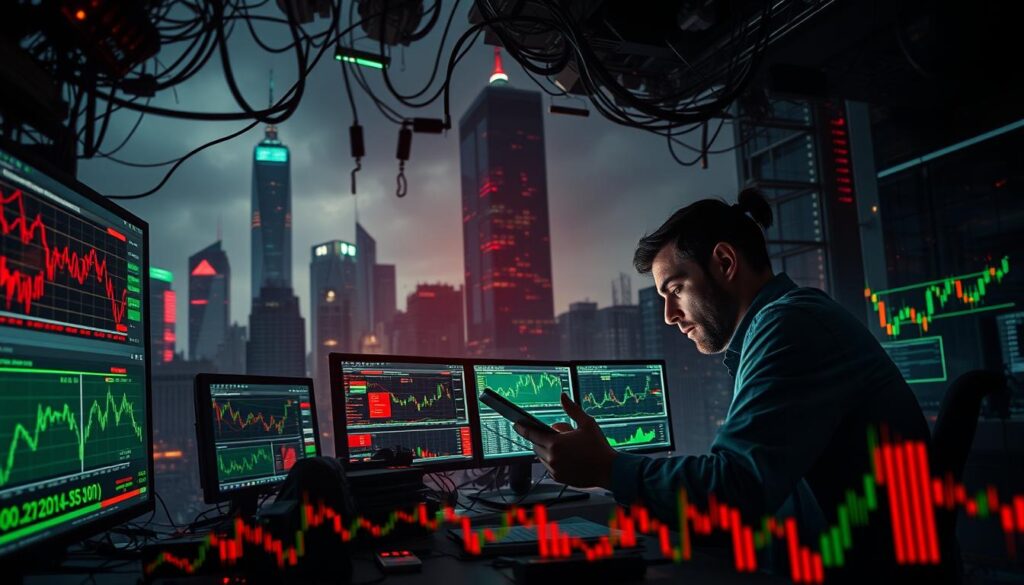 A dramatic, cinematic scene of crypto derivatives volatility and leverage. In the foreground, a tangled web of financial charts, graphs, and trading terminals flashing with red and green data. In the middle ground, a trader hunched over a desk, face illuminated by the glow of multiple screens, hands gripping a tablet as they navigate the chaotic market. In the background, a towering skyline of skyscrapers, bathed in an ominous, moody lighting that casts long shadows, symbolizing the high-stakes, high-risk world of crypto derivatives trading. The overall atmosphere is one of intensity, uncertainty, and the delicate balance between potential rewards and catastrophic risks.