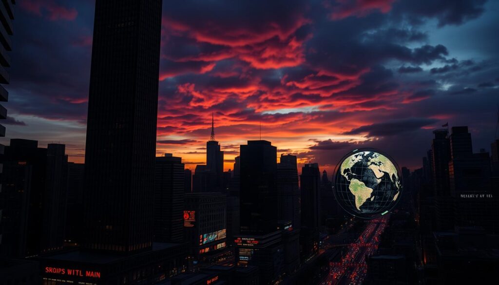 A dramatic cityscape at dusk, with a towering skyscraper in the foreground casting long shadows across the bustling streets below. In the middle ground, a stock ticker board flashes data, reflecting the ebb and flow of economic trends. The background features a globe, rotating slowly, hinting at the geopolitical forces shaping monetary policy worldwide. Dramatic lighting casts an ominous, yet compelling atmosphere, as if foretelling the complex interplay of these powerful forces. A dramatic cityscape at dusk, with a towering skyscraper in the foreground casting long shadows across the bustling streets below. In the middle ground, a stock ticker board flashes data, reflecting the ebb and flow of economic trends. The background features a globe, rotating slowly, hinting at the geopolitical forces shaping monetary policy worldwide. Dramatic lighting casts an ominous, yet compelling atmosphere, as if foretelling the complex interplay of these powerful forces.