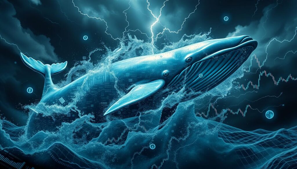 A dramatic, data-driven scene depicting the impact of crypto whale transactions on market volatility. In the foreground, a colossal whale, rendered in shimmering blues and greys, dominates the frame, symbolizing the outsized influence of large-scale investors. Swirling around it, a chaotic maelstrom of candlestick charts, price graphs, and financial data visualizations, conveying the turbulence and uncertainty triggered by whale activities. The background is shrouded in an ominous, stormy atmosphere, with dark clouds and flashes of lightning, reflecting the unpredictable nature of the crypto markets. The lighting is dramatic, with sharp contrasts and dynamic shadows, adding to the sense of tension and drama. The overall composition conveys the profound impact that the decisions and actions of crypto whales can have on the broader market. A dramatic, data-driven scene depicting the impact of crypto whale transactions on market volatility. In the foreground, a colossal whale, rendered in shimmering blues and greys, dominates the frame, symbolizing the outsized influence of large-scale investors. Swirling around it, a chaotic maelstrom of candlestick charts, price graphs, and financial data visualizations, conveying the turbulence and uncertainty triggered by whale activities. The background is shrouded in an ominous, stormy atmosphere, with dark clouds and flashes of lightning, reflecting the unpredictable nature of the crypto markets. The lighting is dramatic, with sharp contrasts and dynamic shadows, adding to the sense of tension and drama. The overall composition conveys the profound impact that the decisions and actions of crypto whales can have on the broader market.