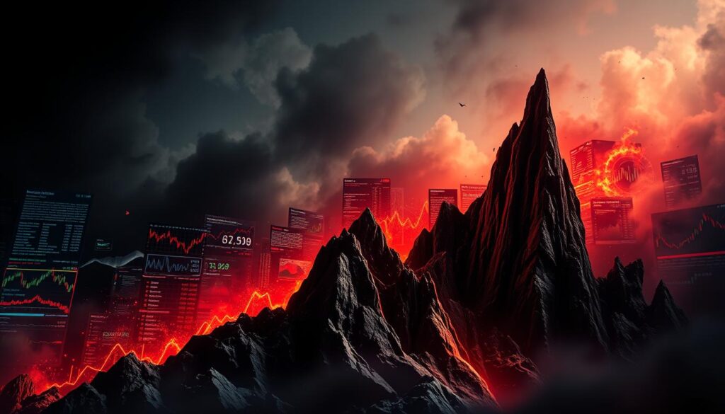 A dramatic, high-contrast scene depicting the key factors driving cryptocurrency volatility. In the foreground, a towering, angular graph with sharp peaks and valleys, representing the volatile price swings of cryptocurrencies. Behind it, a chaotic, swirling storm of data streams, news headlines, and financial charts, symbolizing the complex interplay of market forces, regulatory changes, and global economic events. The background is shrouded in an ominous, atmospheric haze, conveying the uncertainty and unpredictability inherent in the cryptocurrency market. The lighting is dramatic, with stark shadows and highlights, creating a sense of tension and urgency. The overall composition suggests the overwhelming power and unpredictability of the factors shaping the volatile world of cryptocurrencies. A dramatic, high-contrast scene depicting the key factors driving cryptocurrency volatility. In the foreground, a towering, angular graph with sharp peaks and valleys, representing the volatile price swings of cryptocurrencies. Behind it, a chaotic, swirling storm of data streams, news headlines, and financial charts, symbolizing the complex interplay of market forces, regulatory changes, and global economic events. The background is shrouded in an ominous, atmospheric haze, conveying the uncertainty and unpredictability inherent in the cryptocurrency market. The lighting is dramatic, with stark shadows and highlights, creating a sense of tension and urgency. The overall composition suggests the overwhelming power and unpredictability of the factors shaping the volatile world of cryptocurrencies.