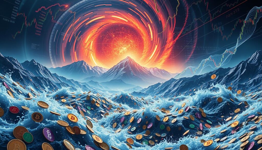 A dramatic landscape depicting the impact of ETF flows on market liquidity. In the foreground, a torrent of colorful currency symbols and financial data cascades across the frame, representing the ebb and flow of capital. In the middle ground, towering mountains of stock charts and candlestick patterns rise and fall, mirroring the volatility of the markets. The background is a swirling vortex of transaction data, algorithms, and trading activity, all illuminated by a cool, ethereal light. The overall scene conveys the immense power and complexity of the forces driving institutional investment in cryptocurrencies through ETFs. A dramatic landscape depicting the impact of ETF flows on market liquidity. In the foreground, a torrent of colorful currency symbols and financial data cascades across the frame, representing the ebb and flow of capital. In the middle ground, towering mountains of stock charts and candlestick patterns rise and fall, mirroring the volatility of the markets. The background is a swirling vortex of transaction data, algorithms, and trading activity, all illuminated by a cool, ethereal light. The overall scene conveys the immense power and complexity of the forces driving institutional investment in cryptocurrencies through ETFs.