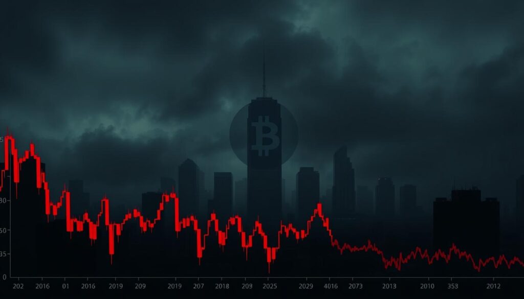 A dramatic, moody scene depicting the historical Bitcoin bear markets. In the foreground, a tumultuous graph charting the price plunges, with jagged lines and falling red candles. In the middle ground, a hazy cityscape at night, with tall skyscrapers silhouetted against a dark, cloudy sky. The buildings are shrouded in an eerie, gloomy atmosphere, conveying a sense of economic uncertainty and fear. In the background, a faint outline of the Bitcoin symbol, rendered in a subdued, muted tone, representing the resilience and long-term potential of the cryptocurrency despite its cyclical downturns. The overall lighting is low-key, with dramatic shadows and highlights, creating a somber, contemplative mood. A dramatic, moody scene depicting the historical Bitcoin bear markets. In the foreground, a tumultuous graph charting the price plunges, with jagged lines and falling red candles. In the middle ground, a hazy cityscape at night, with tall skyscrapers silhouetted against a dark, cloudy sky. The buildings are shrouded in an eerie, gloomy atmosphere, conveying a sense of economic uncertainty and fear. In the background, a faint outline of the Bitcoin symbol, rendered in a subdued, muted tone, representing the resilience and long-term potential of the cryptocurrency despite its cyclical downturns. The overall lighting is low-key, with dramatic shadows and highlights, creating a somber, contemplative mood.