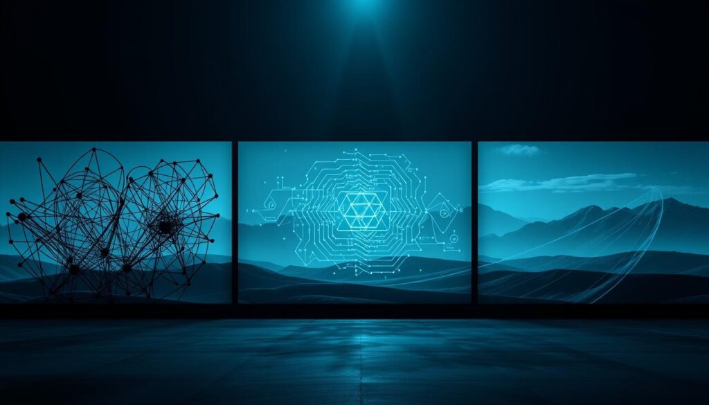 A dramatic progression of cryptocurrency risk management models, depicted in a triptych format. The foreground shows a chaotic swirl of abstract shapes and lines, representing the early, experimental stages of crypto risk management. The middle ground features a more structured, algorithmic visualization, symbolizing the development of sophisticated quantitative models. The background showcases a serene, holistic landscape, signifying the emergence of AI-driven, integrated risk management solutions. The composition is bathed in a cool, futuristic color palette, with dramatic lighting casting long shadows and highlighting the technical, yet visually captivating nature of the subject matter.