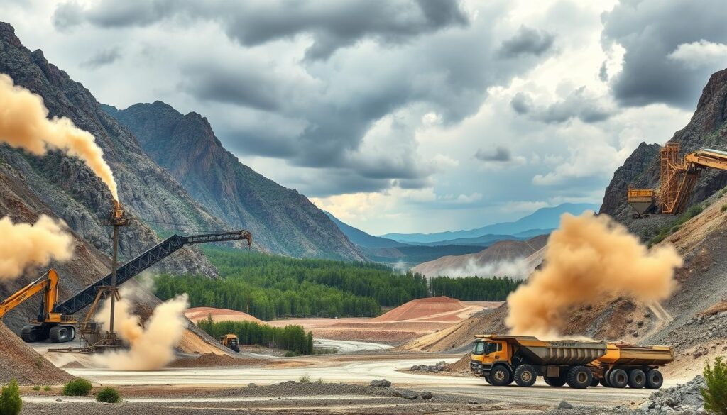 A dramatic, wide-angle landscape depicting the environmental factors affecting modern mining operations. In the foreground, towering industrial equipment - excavators, conveyor belts, and mining trucks - stand against a rugged, mountainous backdrop. Billowing clouds of dust and steam rise from the mining site. In the middle ground, a lush, verdant forest gives way to a stark, arid landscape. Ominous storm clouds gather in the distance, hinting at the unpredictable weather conditions that can disrupt mining activities. Careful attention is given to realistic lighting, creating deep shadows and highlights that enhance the sense of scale and industrial grit. The overall scene conveys the complex interplay between human industry and the natural environment in the mining sector.
