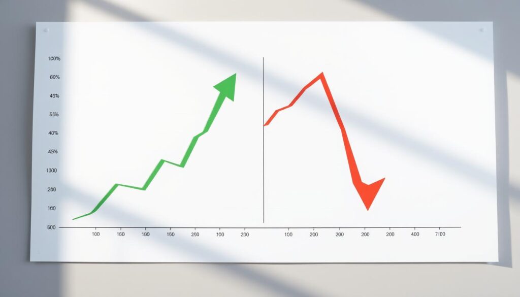 A dual-panel chart with a crisp, clean aesthetic. On the left, an upward-trending graph in shades of green, conveying a bullish market sentiment. On the right, a downward-trending graph in shades of red, signifying a bearish market. The graphs are set against a neutral, minimalist background, allowing the data visualization to take center stage. The lighting is natural and soft, creating a sense of balance and clarity. The camera angle is slightly elevated, providing a comprehensive view of the market analysis. The overall mood is one of objective, data-driven insight, suitable for informing readers on the nuances of market trends and their influences.