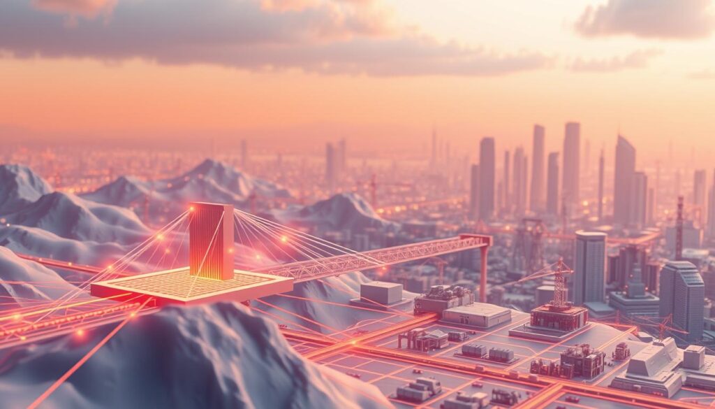 A dynamic 3D digital landscape depicting the seamless integration of real-world data streams with decentralized blockchain-based applications. In the foreground, a stylized AI-powered oracle interface bridges the gap, visualizing the flow of sensor data, market feeds, and other off-chain information into a decentralized network. The middle ground showcases modular smart contract components, autonomously executing secure transactions and updating decentralized applications. In the background, a cityscape of interconnected skyscrapers and industrial infrastructure symbolizes the convergence of the physical and digital realms, powered by trustless, transparent data exchange. Warm lighting casts an ambient glow, conveying a sense of technological harmony and progress.