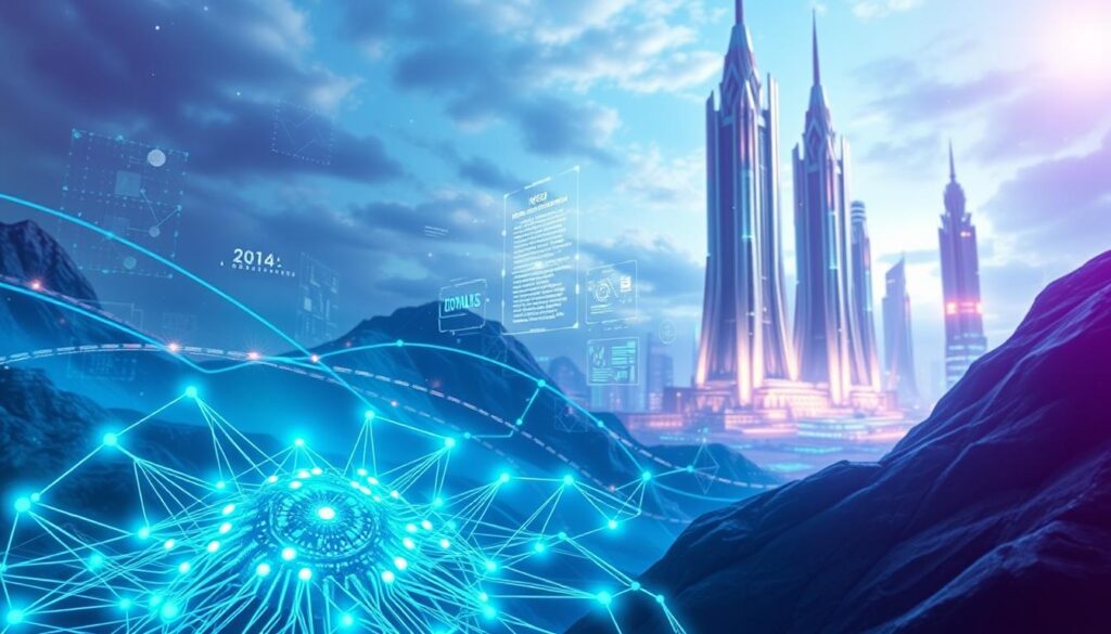 A dynamic and futuristic landscape showcasing the key trends driving innovation in the Web3 ecosystem. In the foreground, a cluster of interconnected blockchain nodes, their glowing circuits pulsing with energy. In the middle ground, data streams and holographic interfaces flow and intertwine, representing the seamless integration of decentralized technologies. The background features towering structures of gleaming metal and glass, symbolizing the bold, architectural vision of Web3 pioneers. Vibrant hues of blues, greens, and purples illuminate the scene, evoking a sense of technological progress and boundless potential. The overall composition conveys a sense of momentum, highlighting the rapid advancements and transformative impact of the Web3 revolution. A dynamic and futuristic landscape showcasing the key trends driving innovation in the Web3 ecosystem. In the foreground, a cluster of interconnected blockchain nodes, their glowing circuits pulsing with energy. In the middle ground, data streams and holographic interfaces flow and intertwine, representing the seamless integration of decentralized technologies. The background features towering structures of gleaming metal and glass, symbolizing the bold, architectural vision of Web3 pioneers. Vibrant hues of blues, greens, and purples illuminate the scene, evoking a sense of technological progress and boundless potential. The overall composition conveys a sense of momentum, highlighting the rapid advancements and transformative impact of the Web3 revolution.