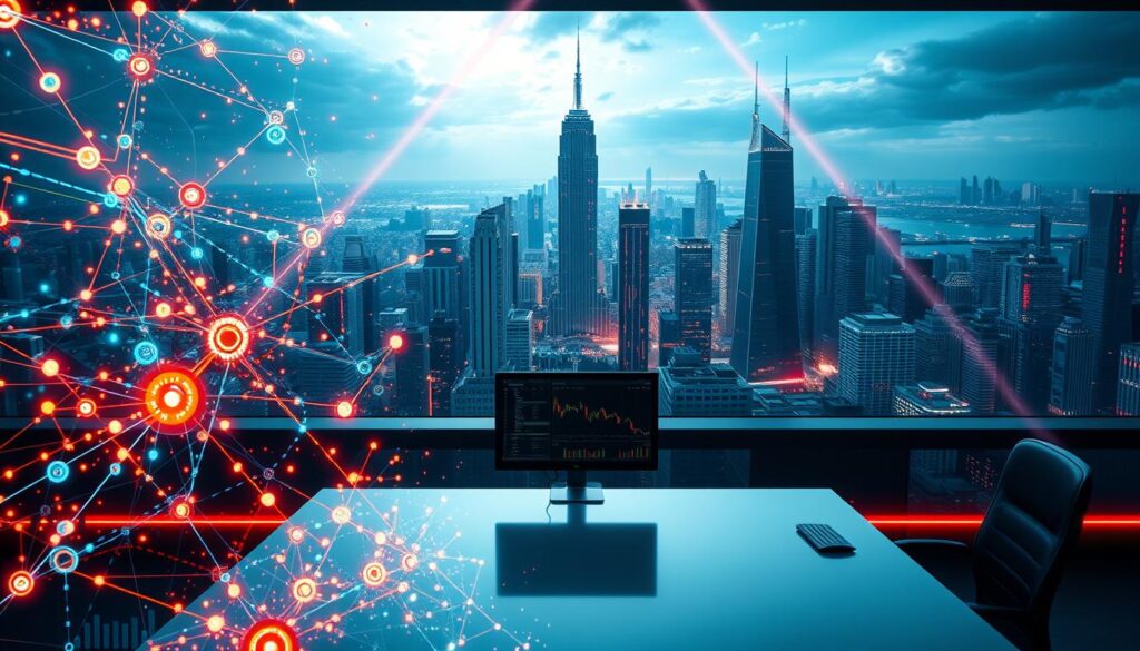 A dynamic and futuristic scene depicting the integration of machine learning techniques into sophisticated trading strategies. In the foreground, a network of interconnected algorithms and data visualizations pulsing with energy, reflecting the complex computational processes powering the trading decisions. In the middle ground, a sleek, minimalist trading desk with multiple high-resolution displays, illustrating the seamless interface between human traders and their AI-driven tools. The background features a panoramic cityscape, representing the global financial markets, with skyscrapers and infrastructure rendered in a striking, almost cyberpunk aesthetic. Dramatic lighting, with beams of neon-like colors casting an otherworldly glow, heightens the sense of technological prowess and innovation. An atmosphere of precision, dynamism, and cutting-edge finance pervades the scene.