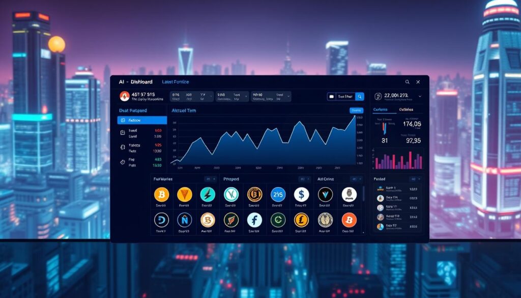 A dynamic and intuitive AI cryptocurrency discovery platform dashboard, showcasing a sleek interface with a central chart displaying the latest altcoin performance trends. The foreground features various interactive widgets and toggles, allowing users to customize their view and dive deep into market data. The middle ground displays a grid of altcoin thumbnails, each updating in real-time, while the background depicts a futuristic cityscape, bathed in a cool, neon-infused lighting that evokes a sense of technological advancement. The overall atmosphere is one of power, precision, and seamless integration of machine learning algorithms into the world of decentralized finance.
