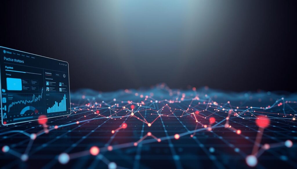 A dynamic blockchain environment with interactive practice strategies unfolding in the foreground. A clean, minimalist interface showcases various interactive elements - sliding charts, toggles, and hoverable data visualizations. The middle ground features elegant icons and glowing blockchain nodes, creating a sense of interconnectivity. In the background, a subtle grid pattern evokes the underlying distributed ledger technology, bathed in a warm, diffused lighting that conveys a sense of depth and digital fluidity. The overall mood is one of engagement, exploration, and a forward-thinking approach to blockchain education and certification.