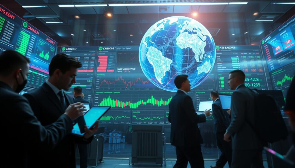A dynamic blockchain-powered carbon trading platform, with a sleek user interface showcasing real-time data visualizations. The foreground depicts traders seamlessly executing transactions, their movements captured in a sharp, cinematic style. The middle ground features a vibrant, color-coded marketplace displaying the latest carbon credit prices and trading volumes. In the background, a holographic globe rotates, highlighting the global scope of the platform's climate impact. The lighting is crisp and futuristic, casting a sense of technological innovation and environmental responsibility. The overall atmosphere conveys the efficiency, transparency, and positive change enabled by this carbon trading solution.