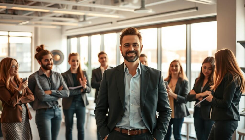 A dynamic business leader standing confidently, surrounded by a team of enthusiastic ambassadors, all engaged in lively discussions. In the background, a sleek office space with minimalist decor and large windows, bathed in warm, natural lighting. The scene conveys a sense of professionalism, collaboration, and a shared mission to promote the brand's image and values. The ambassador's attire is stylish yet practical, reflecting the brand's aesthetic. The overall composition highlights the importance of effective brand ambassador marketing in driving business growth and brand awareness.