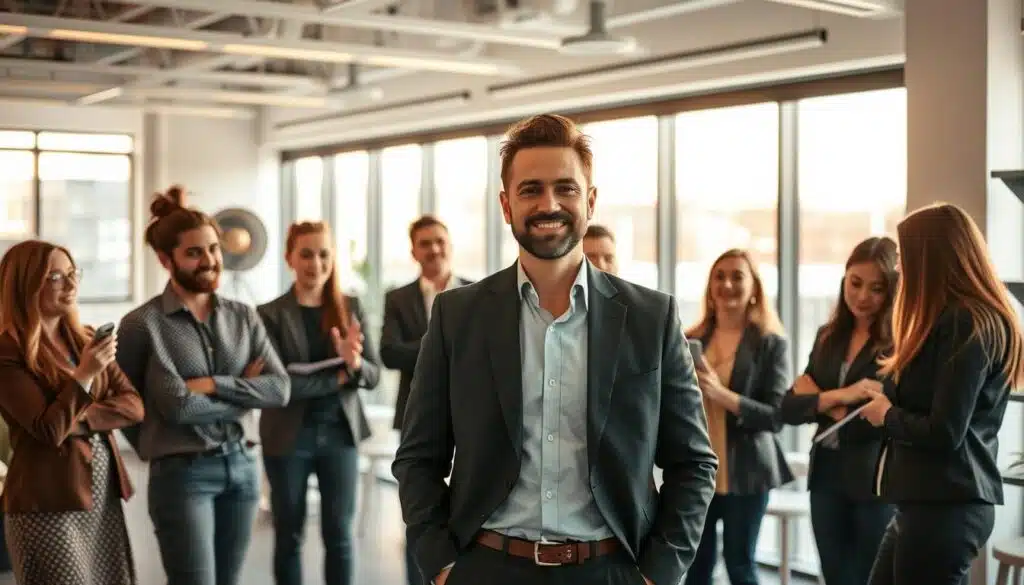 A dynamic business leader standing confidently, surrounded by a team of enthusiastic ambassadors, all engaged in lively discussions. In the background, a sleek office space with minimalist decor and large windows, bathed in warm, natural lighting. The scene conveys a sense of professionalism, collaboration, and a shared mission to promote the brand's image and values. The ambassador's attire is stylish yet practical, reflecting the brand's aesthetic. The overall composition highlights the importance of effective brand ambassador marketing in driving business growth and brand awareness. A dynamic business leader standing confidently, surrounded by a team of enthusiastic ambassadors, all engaged in lively discussions. In the background, a sleek office space with minimalist decor and large windows, bathed in warm, natural lighting. The scene conveys a sense of professionalism, collaboration, and a shared mission to promote the brand's image and values. The ambassador's attire is stylish yet practical, reflecting the brand's aesthetic. The overall composition highlights the importance of effective brand ambassador marketing in driving business growth and brand awareness.