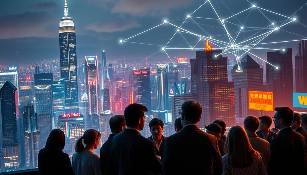 A dynamic cityscape at night, with towering skyscrapers and a bustling, neon-lit urban landscape. In the foreground, a group of individuals are gathered, engaged in a heated discussion, their expressions conveying the challenges and complexities of enforcing NFT royalties. The scene is illuminated by a mix of warm and cool lighting, creating a sense of tension and uncertainty. In the background, a network of digital trails and data flows symbolize the intricate web of transactions and ownership that define the NFT ecosystem. The overall atmosphere evokes a sense of the difficulties and barriers faced in ensuring fair and consistent royalty payouts for NFT creators and owners.