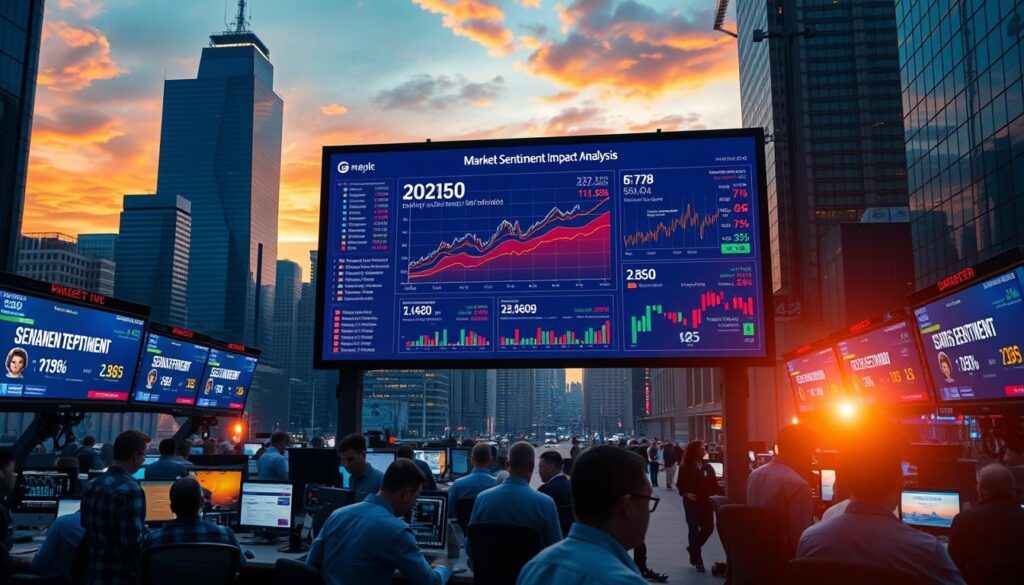 A dynamic cityscape with a bustling crypto options trading floor in the foreground, traders huddled around screens displaying real-time market data. In the middle ground, a large wall-mounted display shows a detailed "Market Sentiment Impact Analysis" visualization, using vivid colors and intuitive infographics to illustrate the ebb and flow of sentiment and its influence on market direction. The background features a towering skyscraper skyline, bathed in the warm glow of sunset lighting, creating an atmospheric and authoritative setting for this insightful financial analysis.