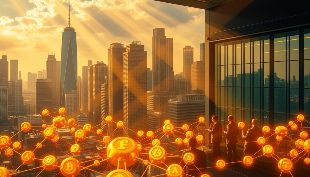 A dynamic cityscape with towering skyscrapers and a bustling financial district. In the foreground, a web of interconnected tokens, each pulsing with energy, representing the intricate utility and incentive mechanisms at the heart of the crypto ecosystem. The midground features a panel of decision-makers, engaged in animated discussion, deliberating on governance protocols that shape the future of the network. Shafts of golden light filter through the windows, casting a warm, authoritative glow over the scene. The overall atmosphere conveys a sense of innovation, collaboration, and the delicate balance between decentralized power and coordinated control.