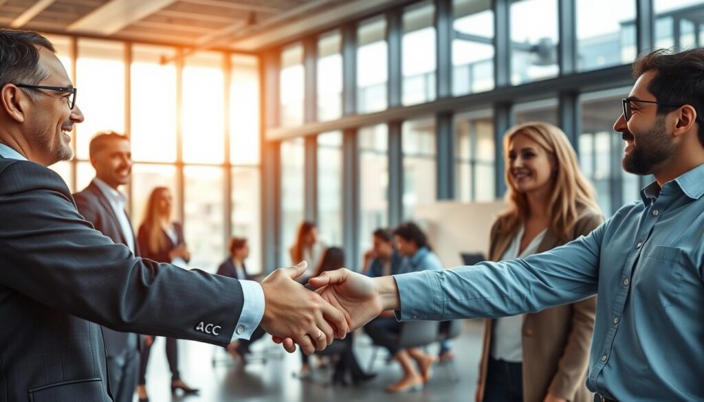 A dynamic collaboration of individuals and entities, working in unison to achieve shared goals. In the foreground, two businesspeople shaking hands, conveying a spirit of partnership and mutual understanding. In the middle ground, a team brainstorming around a table, engaged in lively discussion. In the background, a sleek, modern office setting with floor-to-ceiling windows, bathed in warm, natural lighting that enhances the atmosphere of productivity and innovation. The scene exudes a sense of efficiency, open communication, and a shared commitment to success.