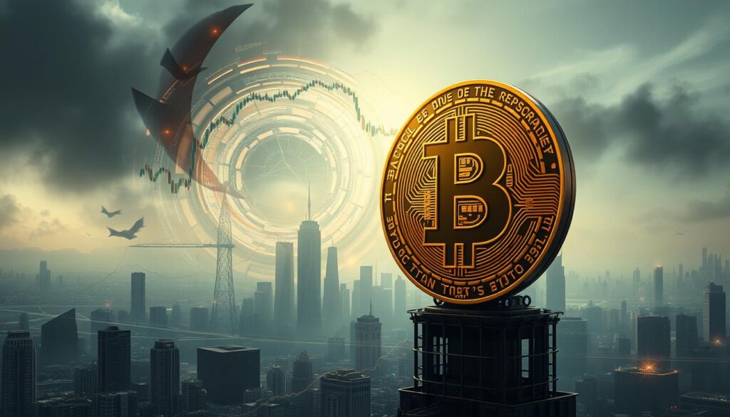 A dynamic crypto market landscape, with a towering Bitcoin symbol dominating the foreground. In the middle ground, a swirling vortex of charts, graphs, and financial data representing the external influences and market fluctuations. The background is a hazy, dystopian cityscape, conveying the sense of uncertainty and volatility that characterizes the crypto ecosystem. The lighting is a mix of harsh, directional light and muted, atmospheric tones, creating a sense of drama and tension. The overall composition suggests the complex interplay between the core cryptocurrency and the external forces that shape its behavior. A dynamic crypto market landscape, with a towering Bitcoin symbol dominating the foreground. In the middle ground, a swirling vortex of charts, graphs, and financial data representing the external influences and market fluctuations. The background is a hazy, dystopian cityscape, conveying the sense of uncertainty and volatility that characterizes the crypto ecosystem. The lighting is a mix of harsh, directional light and muted, atmospheric tones, creating a sense of drama and tension. The overall composition suggests the complex interplay between the core cryptocurrency and the external forces that shape its behavior.