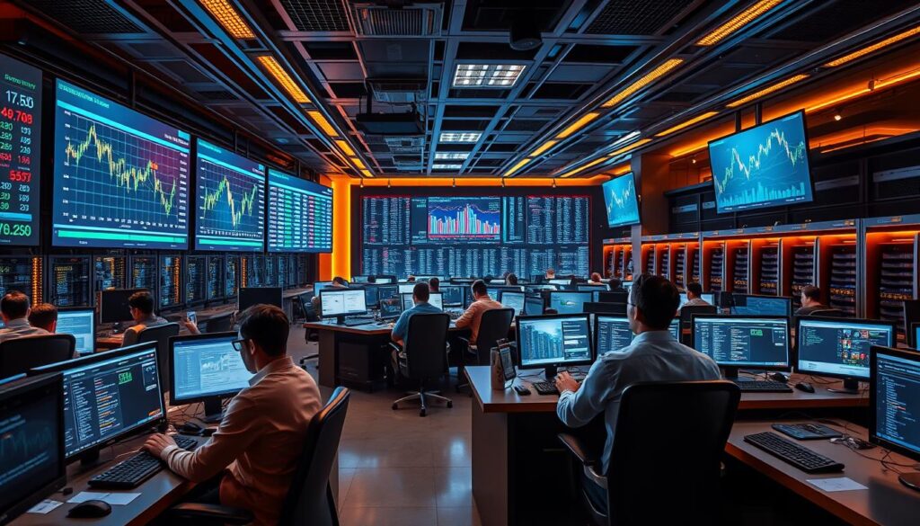 A dynamic crypto trading floor, with traders at sleek workstations monitoring real-time market data. Vivid holographic displays showcase liquidity levels, order book activity, and price movements. The atmosphere is tense yet focused, with traders making lightning-fast decisions to capitalize on fleeting market opportunities. Warm lighting casts a subtle glow, complementing the cool, futuristic aesthetic. In the background, a sprawling network of servers hums with the computational power required to process millions of trades per second, the lifeblood of the crypto market making ecosystem. A dynamic crypto trading floor, with traders at sleek workstations monitoring real-time market data. Vivid holographic displays showcase liquidity levels, order book activity, and price movements. The atmosphere is tense yet focused, with traders making lightning-fast decisions to capitalize on fleeting market opportunities. Warm lighting casts a subtle glow, complementing the cool, futuristic aesthetic. In the background, a sprawling network of servers hums with the computational power required to process millions of trades per second, the lifeblood of the crypto market making ecosystem.