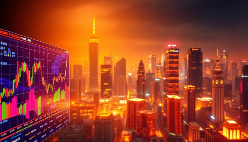 A dynamic cryptocurrency trading scene, illuminated by a warm glow. In the foreground, a series of financial charts and graphs depicting trading volume and liquidity, rendered in vibrant colors. The middle ground features a collection of digital currency symbols, each casting a subtle, holographic shimmer. In the background, a cityscape of skyscrapers and digital infrastructure, bathed in a futuristic, neon-tinged atmosphere. The overall composition conveys a sense of technological sophistication and financial activity, capturing the essence of the best time of day to trade cryptocurrency.