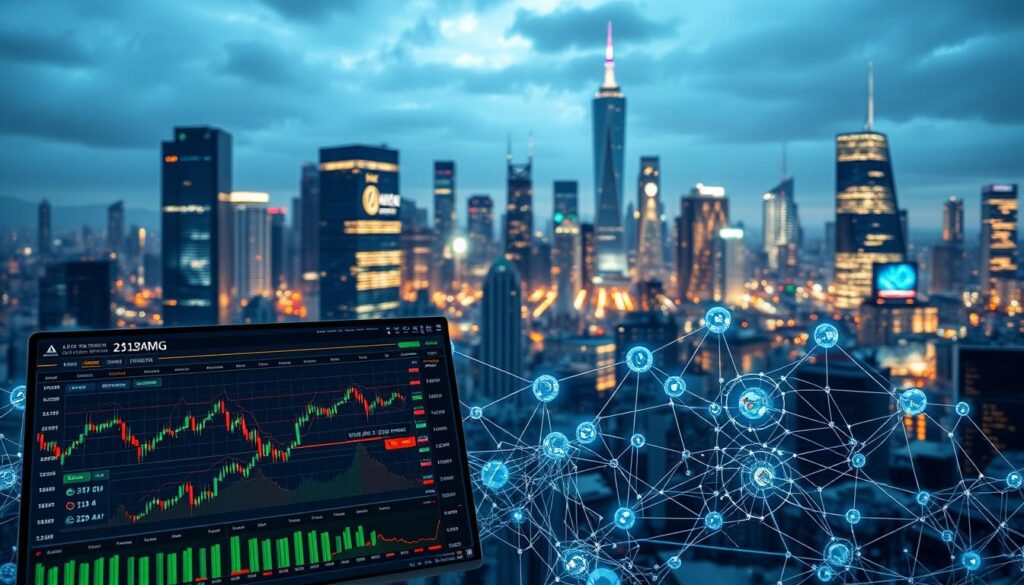 A dynamic, data-driven scene showcasing the pivotal role of AI in modern cryptocurrency trading. In the foreground, an algorithmic trading dashboard displays real-time market data and AI-powered predictive analytics. In the middle ground, a series of interconnected neural networks analyze vast troves of financial information, identifying patterns and generating buy/sell signals. In the background, a cityscape of skyscrapers and glowing screens symbolizes the high-tech, fast-paced world of crypto markets. Diffuse lighting casts a cool, futuristic glow, while the composition conveys a sense of power, precision, and the transformative influence of artificial intelligence on the world of digital assets. A dynamic, data-driven scene showcasing the pivotal role of AI in modern cryptocurrency trading. In the foreground, an algorithmic trading dashboard displays real-time market data and AI-powered predictive analytics. In the middle ground, a series of interconnected neural networks analyze vast troves of financial information, identifying patterns and generating buy/sell signals. In the background, a cityscape of skyscrapers and glowing screens symbolizes the high-tech, fast-paced world of crypto markets. Diffuse lighting casts a cool, futuristic glow, while the composition conveys a sense of power, precision, and the transformative influence of artificial intelligence on the world of digital assets.