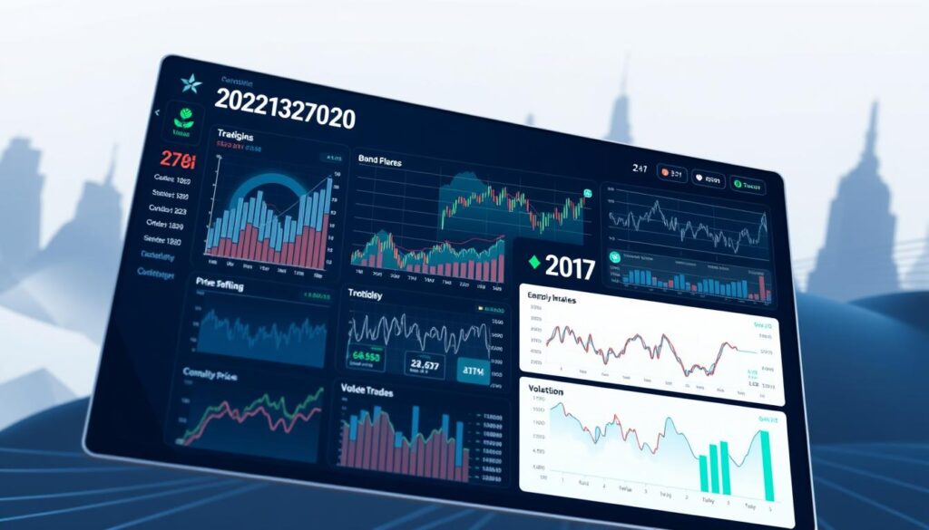 A dynamic, data-driven visualization of the crypto market, centered on a sleek, modern dashboard display. In the foreground, a series of interactive charts and graphs track key macroeconomic indicators like inflation rates, bond yields, and commodity prices. In the middle ground, technical indicators like price trends, trading volumes, and volatility metrics are showcased through intuitive visualizations. The background features a subtle, abstract representation of the global financial landscape, with stylized elements hinting at the interconnected nature of traditional and digital markets. The overall aesthetic is clean, minimalist, and high-tech, conveying a sense of analytical rigor and informed decision-making.