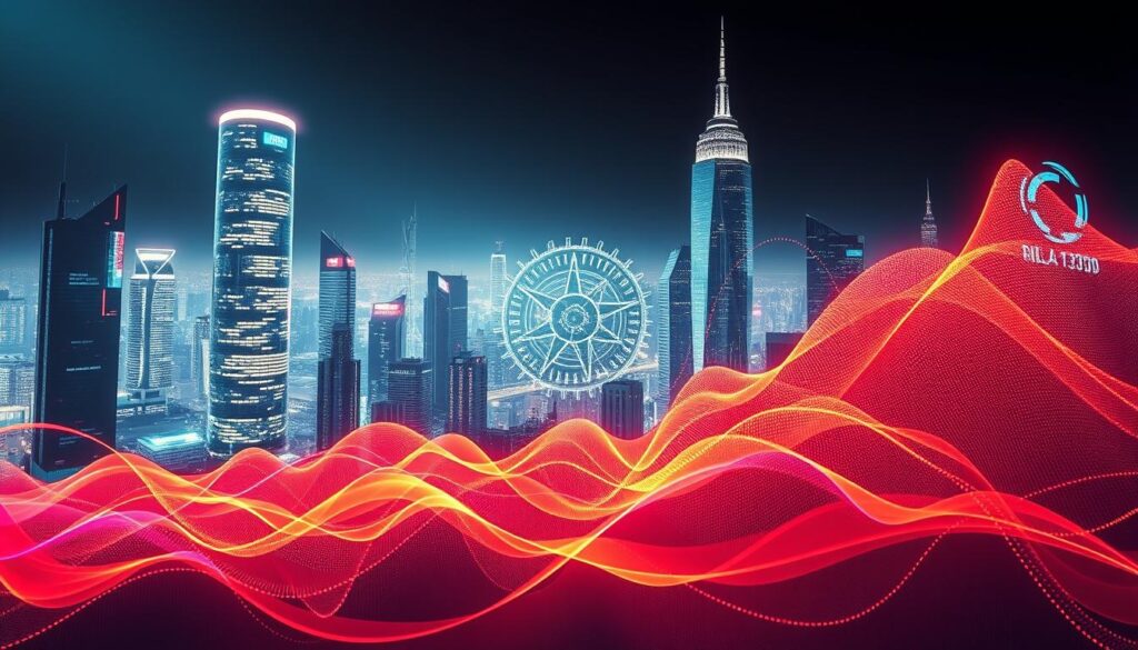 A dynamic, data-driven visualization showcasing the meteoric rise of cryptocurrency adoption and integration with cutting-edge AI technologies. In the foreground, a vibrant heatmap charts the exponential growth of the crypto market, undulating waves of volatile price movements. In the middle ground, intricate cog-like structures represent the complex algorithms and neural networks powering the latest advancements in decentralized finance and AI-driven trading. The background depicts a futuristic cityscape, skyscrapers adorned with holographic displays broadcasting real-time market data. Stark lighting casts dramatic shadows, heightening the sense of technological prowess and financial innovation shaping the evolving crypto landscape.