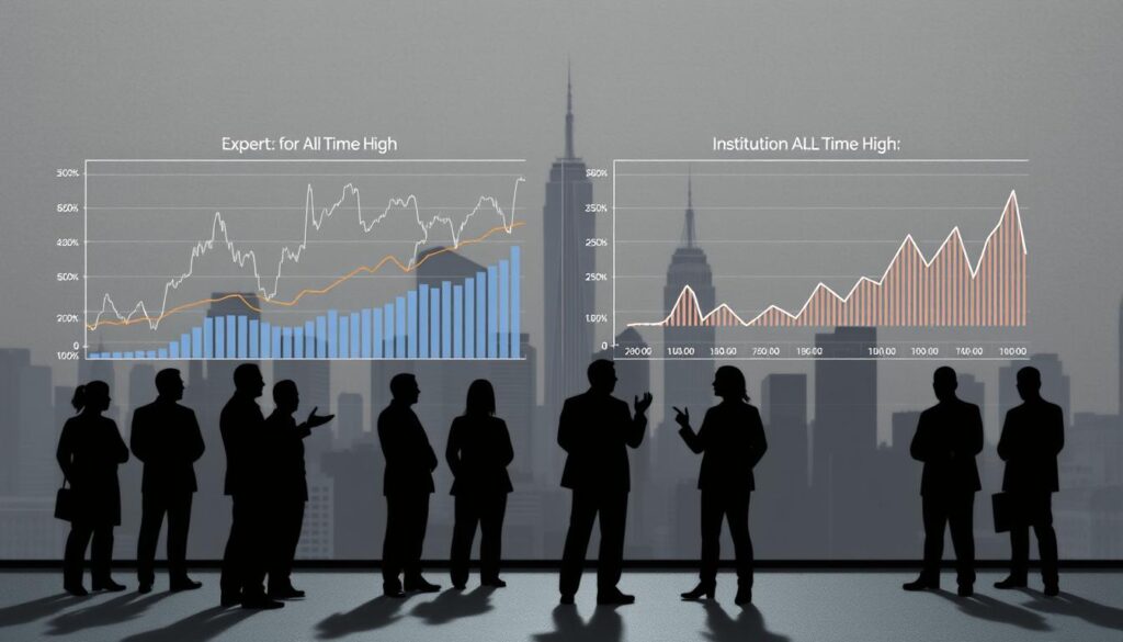 A dynamic data visualization displaying a comparative analysis between expert and institutional forecasts for Bitcoin's all-time high. The foreground features stylized line graphs, bar charts, and scatter plots, showcasing the range and variance of predictions. The middle ground depicts abstract silhouettes of financial experts and institutional analysts, gesturing toward the data. The background is a muted, textured cityscape, evoking the economic landscape in which these forecasts are made. Soft, directional lighting casts subtle shadows, creating depth and emphasizing the precision of the analytical tools. The overall mood is one of quantitative rigor and professional deliberation. A dynamic data visualization displaying a comparative analysis between expert and institutional forecasts for Bitcoin's all-time high. The foreground features stylized line graphs, bar charts, and scatter plots, showcasing the range and variance of predictions. The middle ground depicts abstract silhouettes of financial experts and institutional analysts, gesturing toward the data. The background is a muted, textured cityscape, evoking the economic landscape in which these forecasts are made. Soft, directional lighting casts subtle shadows, creating depth and emphasizing the precision of the analytical tools. The overall mood is one of quantitative rigor and professional deliberation.