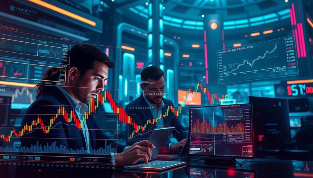 A dynamic digital landscape depicting the intricacies of crypto derivatives trading strategies. In the foreground, a series of holographic charts and graphs illustrate the complex financial instruments, their price fluctuations, and various trading techniques. The middle ground features a trio of traders intensely focused on their screens, their expressions conveying the thrill and challenges of navigating this fast-paced digital realm. In the background, a backdrop of futuristic architecture and pulsing data streams sets the scene, evoking the cutting-edge technology powering these innovative financial strategies. Lighting is a moody blend of neon hues and cool, futuristic tones, creating an atmosphere of technological sophistication and high-stakes decision-making.