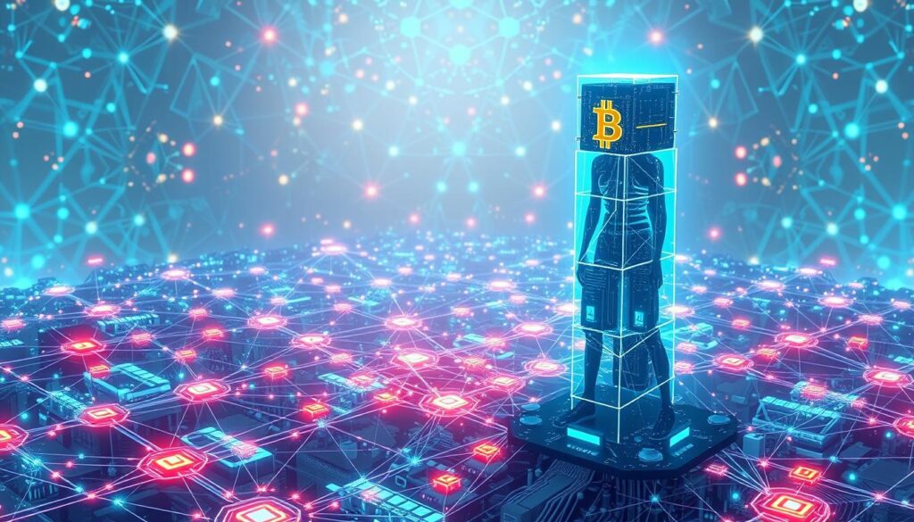 A dynamic digital landscape where AI and blockchain technologies converge, creating a futuristic and interconnected ecosystem. In the foreground, a towering artificial intelligence construct wields the power of decentralized cryptocurrency, its holographic form casting an ethereal glow. In the middle ground, a network of blockchain nodes and distributed ledgers intertwine, forming a complex web of secure transactions and smart contracts. The background is a kaleidoscope of geometric patterns, data streams, and glowing circuit boards, hinting at the seamless integration of these transformative technologies. Soft, diffused lighting illuminates the scene, evoking a sense of wonder and the promise of a groundbreaking convergence.