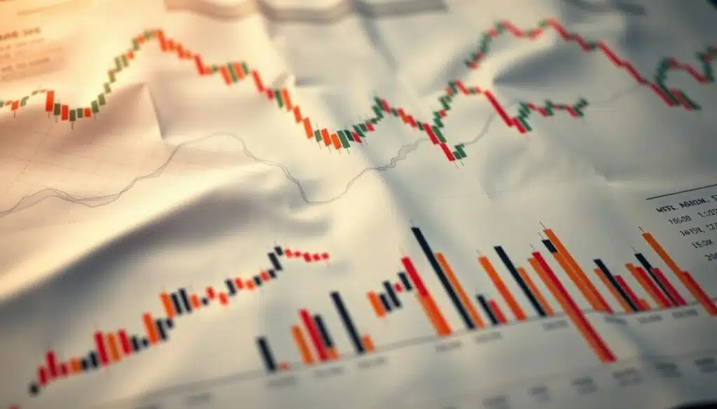 A dynamic display of candlestick and bar charts, illuminated by soft, warm lighting that casts subtle shadows across the detailed financial data. The charts are rendered with precision, each candlestick and bar meticulously crafted to convey the ebb and flow of the market. The layout is clean and organized, allowing the viewer to easily interpret the visual patterns and trends. The overall atmosphere is one of analytical focus, inviting the viewer to delve deeper into the intricacies of technical analysis. The image is captured from a slightly elevated perspective, providing a comprehensive view of the essential tools for day trading success.