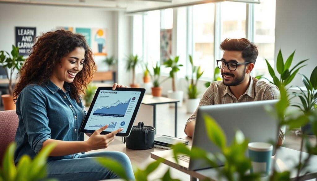 A dynamic, educational scene depicting two diverse individuals seated at a modern workspace, engaged in animated discussion over cryptocurrency study materials. In the foreground, one person, a young woman with curly hair, is pointing at a digital tablet displaying graphs and crypto icons, while the other, a young man in glasses, takes notes. The middle ground showcases a sleek laptop with cryptocurrency reward notifications visible on the screen. The background features a bright, open office space filled with potted plants and motivational posters related to learning and earning. Soft, natural lighting streams in through large windows, creating an inspiring and hopeful atmosphere, emphasizing growth and financial opportunity in the world of cryptocurrency. A dynamic, educational scene depicting two diverse individuals seated at a modern workspace, engaged in animated discussion over cryptocurrency study materials. In the foreground, one person, a young woman with curly hair, is pointing at a digital tablet displaying graphs and crypto icons, while the other, a young man in glasses, takes notes. The middle ground showcases a sleek laptop with cryptocurrency reward notifications visible on the screen. The background features a bright, open office space filled with potted plants and motivational posters related to learning and earning. Soft, natural lighting streams in through large windows, creating an inspiring and hopeful atmosphere, emphasizing growth and financial opportunity in the world of cryptocurrency.